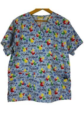 Vtg Dots Candy Scrub Top Women's Small Blue Gumdrop Print Medical Uniform
